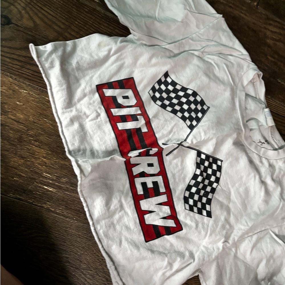 Pit Crew Graphic Cropped Tee - White with Red & Black